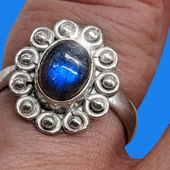 Sterling Silver Ring Size 7 Blue Fire Labradorite 925 Jewelry Flower Natural Cab - Picture 1 of 8